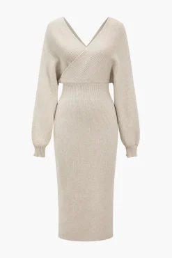 MICAS Long Sleeve Dresses|Knitwear-Knit Long Sleeve V-Neck Slit Dress