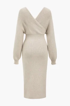 MICAS Long Sleeve Dresses|Knitwear-Knit Long Sleeve V-Neck Slit Dress