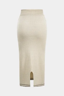 MICAS Knitwear|Knit Sets-Knit Metallic Button Fake Pocket Long-Sleeve Top And Skirt Set BEIGE