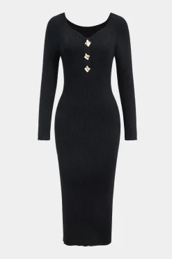 MICAS Long Sleeve Dresses|Knitwear-Knit Metallic Button Long Sleeve Dress BLACK