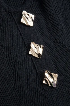 MICAS Long Sleeve Dresses|Knitwear-Knit Metallic Button Long Sleeve Dress BLACK