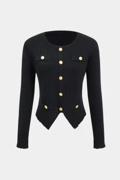 MICAS Knitwear|Knit Sets-Knit Metallic Button Pocket Top And Trousers Set BLACK