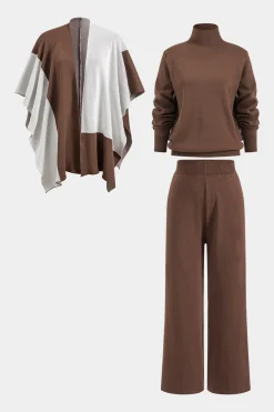 MICAS Knitwear|Knit Sets-Knit Mock Neck Top And Contrast Top And Pants Set COFFEE