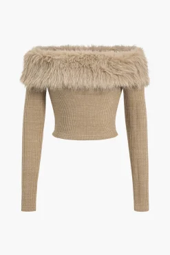 MICAS Knitwear|Knit Tops-Knit Off Shoulder Patchwork Faux Fur Long-Sleeve Top KHAKI