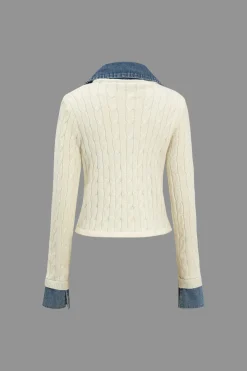 MICAS Knitwear|Knit Tops-Knit Patchwork Denim Long-Sleeve Top