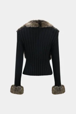 MICAS Outerwear|Knitwear-Knit Patchwork Faux Fur Collar Long-Sleeve Cardigan BLACK