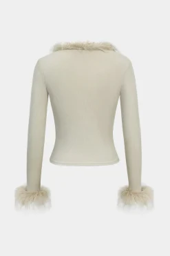 MICAS Knitwear|Knit Tops-Knit Patchwork Faux Fur Tie-Up Long-Sleeve Top KHAKI