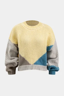 MICAS Knitwear|Knit Tops-Knit Patchwork Round Neck Long-Sleeve Top CREAM YELLOW