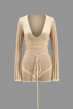 MICAS Knitwear-Knit Patchwork Tie-Up V-Neck Long Sleeve Romper KHAKI