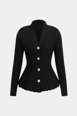 MICAS Knit Tops-Knit Pleated Crystal Button Long-Sleeve Top BLACK