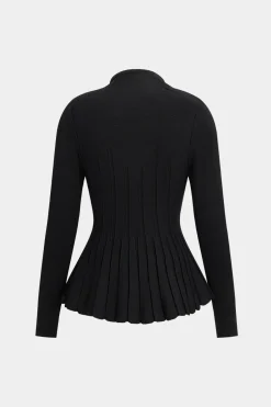 MICAS Knit Tops-Knit Pleated Crystal Button Long-Sleeve Top BLACK