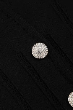 MICAS Knit Tops-Knit Pleated Crystal Button Long-Sleeve Top BLACK