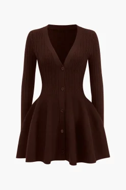 MICAS Long Sleeve Dresses|Knitwear-Knit Puff Hem Long Sleeve V-neck Dress