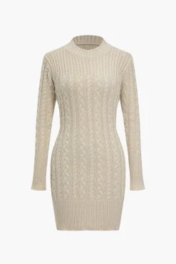 MICAS Long Sleeve Dresses|Knit Dresses-Knit Round Neck Long Sleeve Dress KHAKI