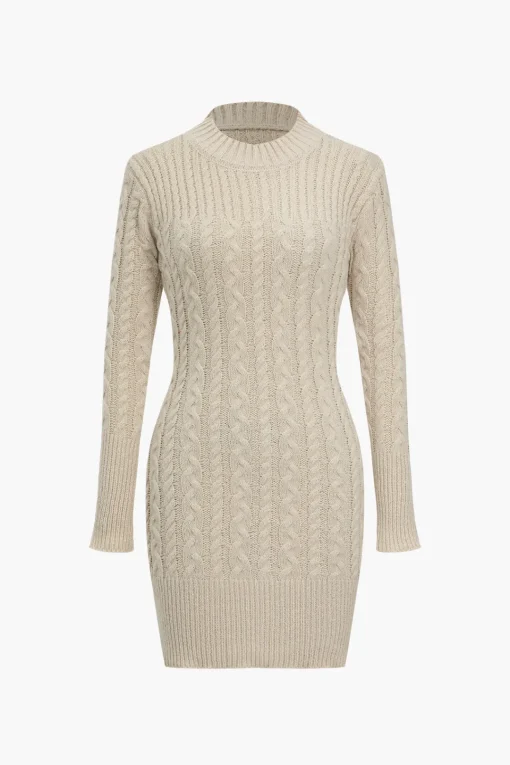 MICAS Long Sleeve Dresses|Knit Dresses-Knit Round Neck Long Sleeve Dress KHAKI