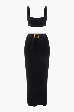 MICAS Knitwear|Knit Sets-Knit Square Neck Crop Tank Top And Buckle Midi Skirt Set BLACK