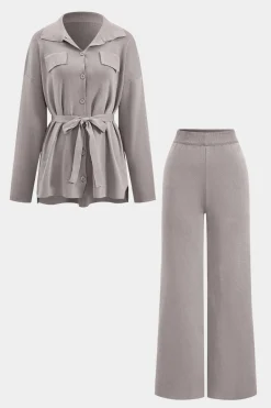 MICAS Knitwear|Knit Sets-Knit Tie-Up Button Pocket Long-Sleeve Top And Trousers Set GRAY