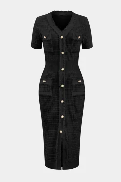 MICAS Knitwear|Knit Dresses-Knit V-Neck Button Short Sleeve Dress