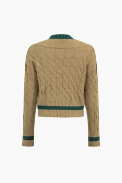 MICAS Knitwear|Knit Tops-Knit V-Neck Patchwork Long-Sleeve Top