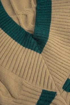 MICAS Knitwear|Knit Tops-Knit V-Neck Patchwork Long-Sleeve Top