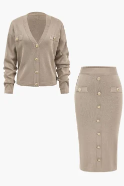 MICAS Knitwear|Knit Sets-Knit V-neck Top And Skirt Set KHAKI