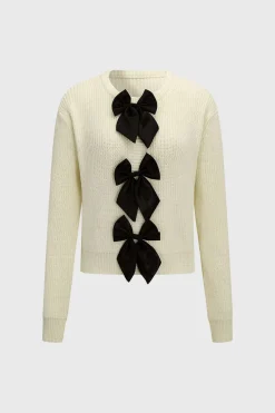 MICAS Knitwear|Knit Tops-Knitted Bow Tie-Up Long-Sleeve Top IVORY