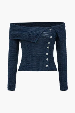 MICAS Knit Tops-Knitted Button Asymmetrical Long-Sleeve Top DARK BLUE