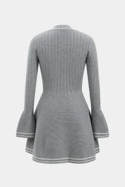 MICAS Knitwear|Long Sleeve Dresses-Knitted Button V-Neck Bell Sleeve Long Sleeve Sweater Dress LIGHT GRAY