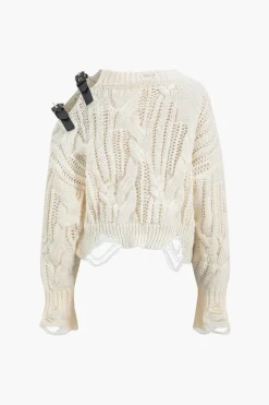 MICAS Knit Tops-Knitted Cut Out Patchwork Belted Long-Sleeve Top IVORY