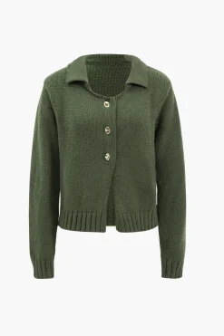 MICAS Knitwear|Knit Tops-Knitted Metallic Button Long-Sleeve Top DARK GREEN