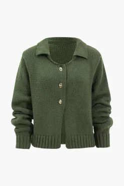 MICAS Knitwear|Knit Tops-Knitted Metallic Button Long-Sleeve Top DARK GREEN