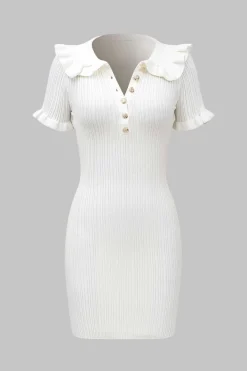 MICAS Knit Dresses-Knitted Metallic Button Ruffle Short Sleeve Dress IVORY