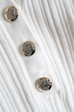 MICAS Knit Dresses-Knitted Metallic Button Ruffle Short Sleeve Dress IVORY