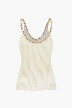 MICAS Knitwear|Knit Tops-Knitted Metallic Chain Detail Tank Top BEIGE