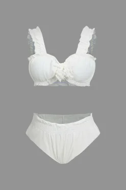 MICAS Swimwear-Knot Frill Trim Bikini Swimsuit Set WHITE