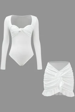 MICAS Skirt Sets-Knot Long Sleeve Top And Ruffle Ruched Detail Skirt Set WHITE