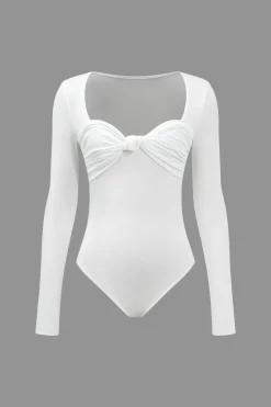 MICAS Skirt Sets-Knot Long Sleeve Top And Ruffle Ruched Detail Skirt Set WHITE