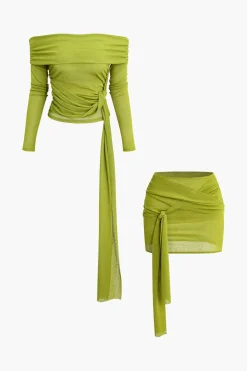 MICAS Skirt Sets-Knot Ruched Off Shoulder Top And Mini Skirt Set GREEN