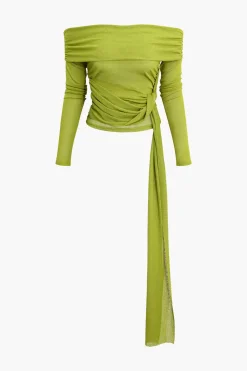 MICAS Skirt Sets-Knot Ruched Off Shoulder Top And Mini Skirt Set GREEN