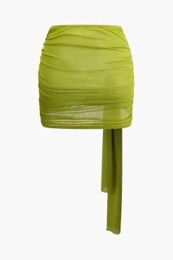 MICAS Skirt Sets-Knot Ruched Off Shoulder Top And Mini Skirt Set GREEN