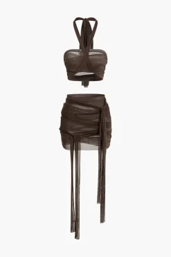 MICAS Skirt Sets|Vacation Sets-Knot Tie Halter Mesh Tank Top And Mini Skirt Set COFFEE