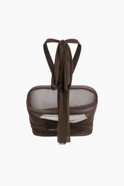 MICAS Skirt Sets|Vacation Sets-Knot Tie Halter Mesh Tank Top And Mini Skirt Set COFFEE