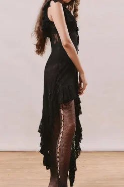 MICAS Midi Dresses-Lace Asymmetrical Tie-Up Midi Dress BLACK