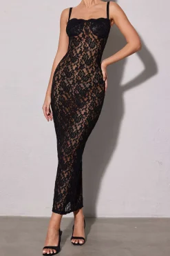 MICAS Maxi Dresses-Lace Bustier Slit Slip Maxi Dress BLACK