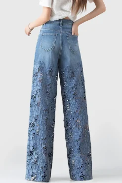 MICAS Jeans-Lace Cut Out Patchwork Wide Leg Jeans SKY BLUE