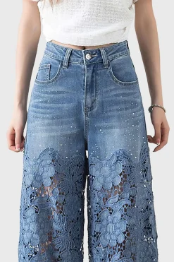 MICAS Jeans-Lace Cut Out Patchwork Wide Leg Jeans SKY BLUE
