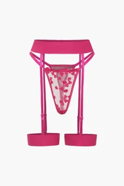 MICAS Lingerie & Sleepwear-Lace Embroidery Bustier Belted Lingerie Garter Set RASPBERRY