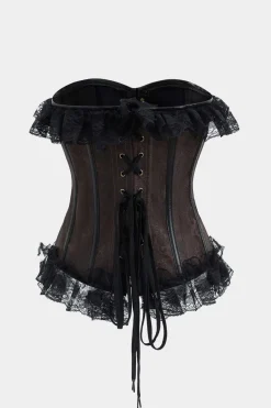 MICAS Tube Tops|Corset & Bustier Tops-Lace Jacquard Metallic Button Strappy Corset Tube Top BROWN