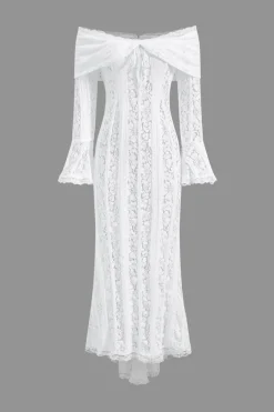 MICAS Long Sleeve Dresses|Maxi Dresses-Lace Long Sleeve Strapless Maxi Dress WHITE