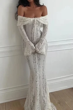 MICAS Long Sleeve Dresses|Maxi Dresses-Lace Long Sleeve Strapless Maxi Dress WHITE